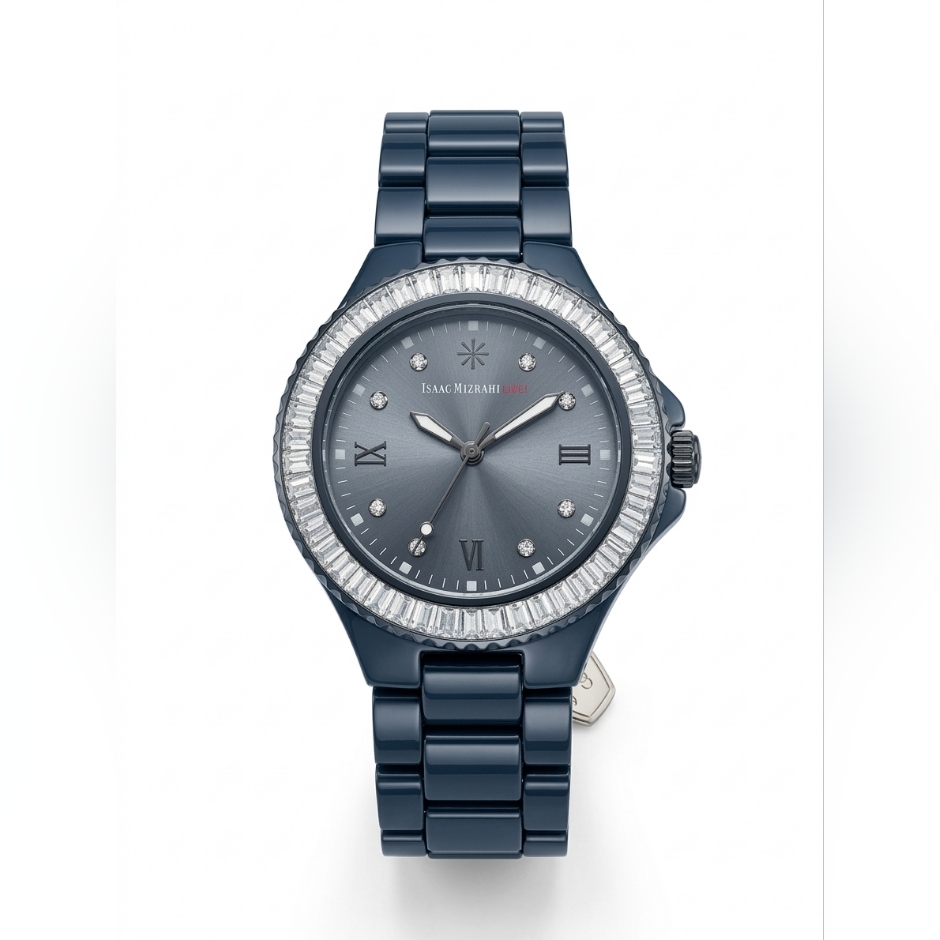 Isaac Mizrahi Live Baguette Crystal Bezel Ceramic Link Watch